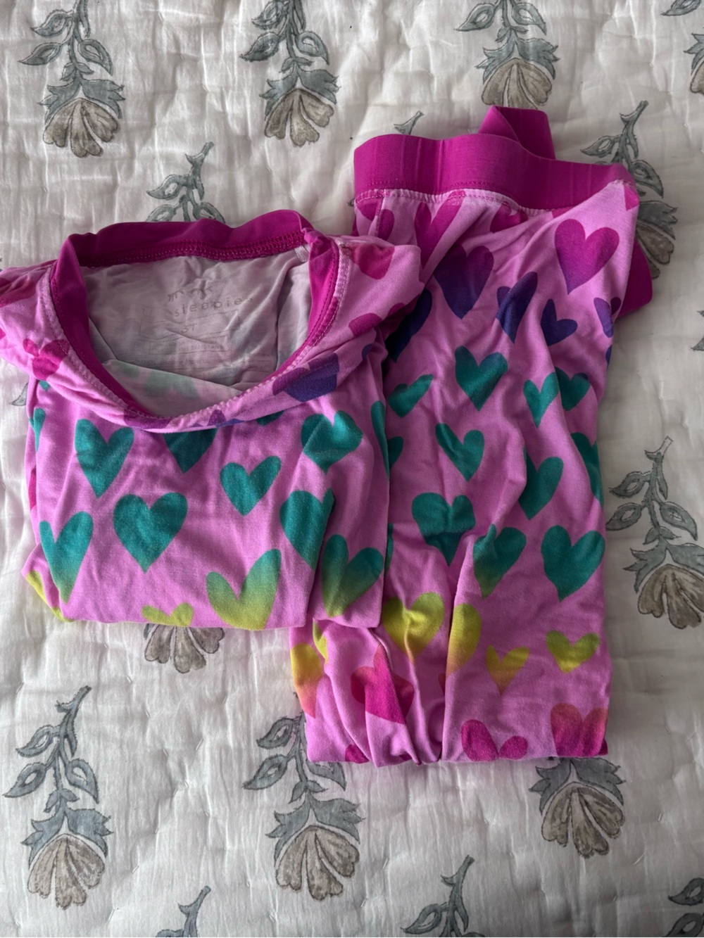 Little Sleepies Pink Heart Print Pajama Set with Teal & Purple Hearts